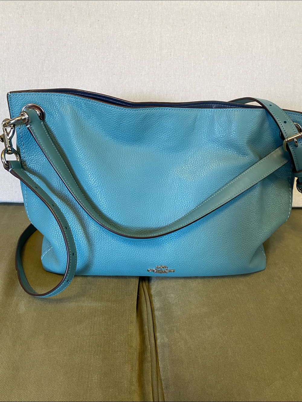 Coach Teal Pebble Leather Shoulder Bag with Adjustable Strap